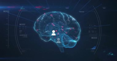 Pembe veri düğümlerinde ortaya çıkan neon-mavi üç boyutlu beyin, araştırma için çoklu kullanıcı bağlantılarını haritalıyor. Nörobilim, yapay zeka, görselleştirme, dijital, yenilik, teknik, bilim