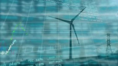 Izgara örtüsü görünüyor, rüzgar türbini dönüyor ve grafikler enerji ölçümlerini görselleştirmek için dalgalanıyor. Sürdürülebilirlik, analitik, teknoloji, yenilenebilir, veri görselleştirme, çevre dostu, sanayi