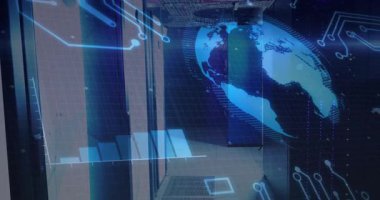 Sönen kılavuz çizgileri başlatılıyor. Yükselen çubuklar sunucu raflarında büyümeyi gösteriyor. Teknoloji, dijital, yenilik, veri, analitik, fütüristik, ağ