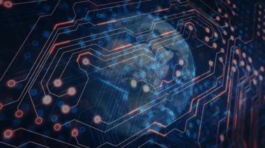 Donanmanın arkaplan arkaplanı açılıyor dönen dijital küre, küresel ağı gösteren darbe devreleri açılıyor. Gelecek, bağlantı, teknoloji, yenilik, siber alan, dijital, küresel
