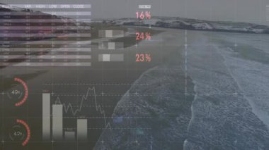 Hava görüntüsü açılışı HUD görünümü başlatılıyor, güncelleme göstergeleri, analiz için çizelgeler kayıyor. Deniz manzarası, veri görselleştirme, kıyı coğrafyası, analitik, hava analizi, dijital arayüz, okyanus manzarası