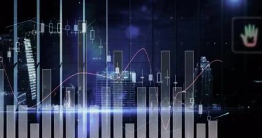 Gökyüzü açma çubukları yükseliyor ve mumlar enerji verilerini görselleştiren ikonlar ile güncelleniyor. Veri, görselleştirme, analitik, teknoloji, finans, yenilik, arayüz