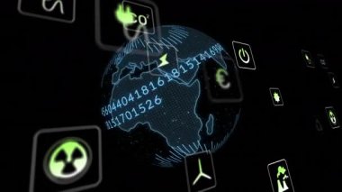 Enerji simgeleri enerji eğilimlerinin yörüngesini haritalarken, veri akışını gösteren 3 boyutlu bir küre açılacak. Küresel, teknoloji, yenilik, sürdürülebilirlik, veri görselleştirme, yenilenebilir, dijital