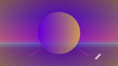 Neon ızgarası üzerinde mor-turuncu ufuk açılıyor. Küre soluk geometrik aksanlarla ortaya çıkıyor. Fütürist, soyutlama, dijital, neon, geometrik, canlı, bilim kurgu