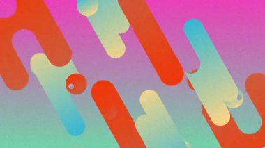 Gradyan arka plan, uzun çubuklar ve küreler ile çerçeve içinde kayan ve yüzen şekilleri tetikler. Canlı, dinamik, geometrik, renkli, akıcı, modern, dijital