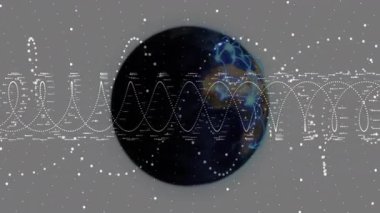 Başlangıçta, veri akışını göstermek için titreşen ağ yayları ile dönen ve dalgalanan 3 boyutlu dünya. Teknoloji, bağlantı, yenilik, dijital, fütüristik, veri, ağ