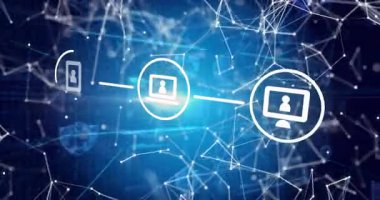 Merkez patlaması ağ sürüklenmesini başlatıyor, simgeler kalkan ile birleşiyor, bilgisayar ve aygıt ağındaki bilgisayarlar güvende. Teknoloji, bağlantı, siber güvenlik, dijital, yenilik, ağ, veri