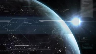 Güneşin doğuşu şehir ışıklarının solmasına, gece gündüz döngüsünün Dünya 'nın etrafında dönmesine neden oluyor. Küresel, geleceksel, dijital, uzay, teknoloji, kentsel, göksel