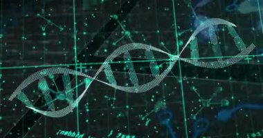 Sol kenara giriliyor, 3 boyutlu deniz mavisi sarmal, titreşen düğümler ve veri içgörüsü için kod tersine dönüyor. Futuristik, teknoloji, veri, dijital, görselleştirme, ağ, yenilik