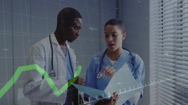 Female doctor tapping chart showing floating green graph, male doctor examining rising data. Medical professionals, healthcare teamwork, data analysis, clinical consultation, digital health, medical collaboration, diagnostic discussion