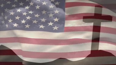 Yumuşak esinti, Amerikan bayrağını dalgalandırıyor çapraz siluetin arkasında, ritmik kıvrımlar oluşturuyor. Vatanseverlik, sembolizm, dijital sanat, hareket, vatanseverlik, esneklik, grafik tasarım