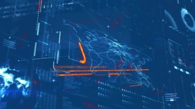 3 boyutlu dünya taraması uyarı simgesini başlatıyor. DPT soluyor ve dönüşümlü olarak hareket gerektiriyor. Fütürist, teknoloji, veri görselleştirme, dijital arayüz, siber güvenlik, alarm, küresel ağ