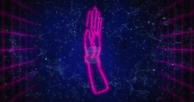 Neon el çizgisi görünüp tarama çerçevesi altında dönerken QR kodu doğrulama için oluşuyor. Fütürist, teknoloji, dijital, ağ, yenilik, siber, soyut