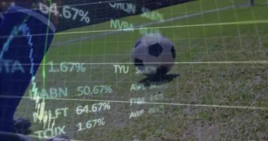 Futbolcunun bacağı, saydam hisse senkronizasyonlarını senkronize eden sahada topa temas ediyor. Atletik, performans, dijital, rekabet, açık hava, strateji, dinamik