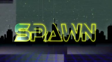Ufuk çizgisinin üzerinde SPAWN harfleri oluşturan neon vuruşları başlıyor, başlığı ortaya çıkarıyor ve tarama hattı etkinleştiriliyor. Siberpunk, fütüristik, aydınlatma, soyut, şehir manzarası, dijital, canlı