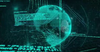 3 boyutlu deniz mavisi küresi ızgaranın üzerinde süzülerek açılıyor, simgeleri kilitleyip güvenli ağı görüntülüyor. Teknoloji, siber güvenlik, dijital, yenilik, veri, bağlantı, ağ