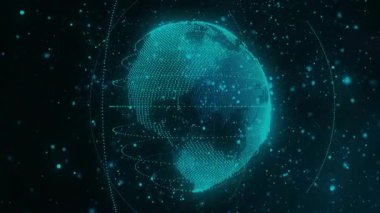 Zayıf noktalı başlangıç noktası bulutu ağ oluşturmak için dönen veri küresine dönüşüyor. Teknoloji, yenilik, dijital, gelecek, ağ, bağlantı, sanal