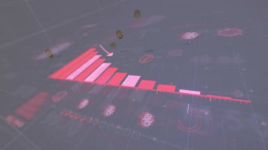 Izgara çubuklarının ortaya çıkışında sonra noktalı ok veri derinliğini gösteren diskler düşerken eğilimi takip ediyor. Veri görselleştirme, analitik, dijital arayüz, eğilim analizi, teknoloji, geleceksel, grafik