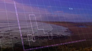 Mor ızrak kıyı manzarasında beliriyor, beyaz çubuklar yükseliyor sonra histogram gölgelendirme zirvesi. Analizler, veriler, görselleştirme, minimalist, teknoloji, okyanus, ilerleme