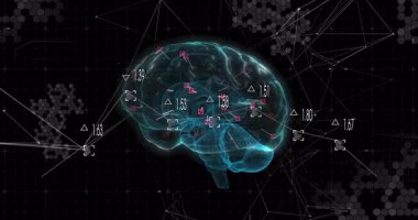 Mavi beyin hologramı görünür, döner, titreşimli ikonlar, animasyon ağı, sinirsel ölçümleri görselleştirir. Nöroloji, teknoloji, dijital, fütüristik, veri görselleştirme, yenilik, yapay zeka