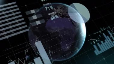Veri tablosu güncellemesi ile dönen dünya kayan harita kayan turta grafikleri yükseliyor. Teknoloji, veri görselleştirme, gösterge paneli, holografik, analitik, fütüristik, bilgi