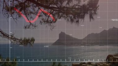 Izgara örtüşmesi zayıflıyor, kıyı boyunca etiketlerin güncellenmesiyle dalgalanan kırmızı veri hattı eğilimleri gösteriyor. Deniz manzarası, analitik, veri görselleştirme, sükunet, doğal manzara, minimalist, dijital