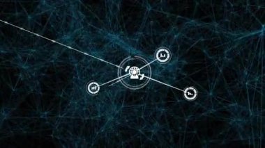 Merkezi simge göründüğünde, beyaz ağ simgeleri çizgiler ve yumurtlama kümeleri oluşturarak ağ oluşturur. Teknoloji, bağlantı, yenilik, dijital, veri, bulut, otomasyon