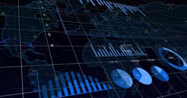 Dizide, küresel eğilimleri göstermek için harita üzerinde 3B veri arayüzü canlandırma grafikleri ve grafikleri başlatın. Teknoloji, analitik, yenilik, görselleştirme, dijital, gelecekçi, iş