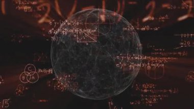 Karanlık boşlukta dönen üç boyutlu küre, matematiksel ağı görselleştirerek denklemlerin kaybolmasına neden oluyor. Geometri, veri görselleştirme, dijital sanat, yenilik, teknoloji, bilimsel, soyut