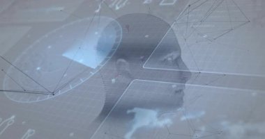 Başlangıçta 3 boyutlu baş, gösterge eğimli ağ kaydırma görsel arayüzü ile sağa doğru dönüyor. Teknoloji, yenilik, fütürizm, dijital, sanal, veri, bağlantı