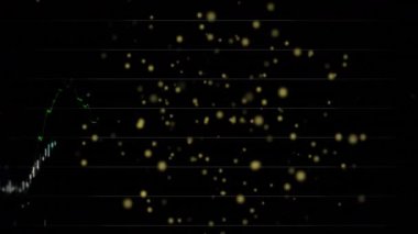 Başlangıçta altın parçacıklar sürükleniyor, çubuklar yükseliyor, çizgiler dalgalanıyor, etiketler görselleştiriliyor. Analizler, finans, dijital, modern, teknoloji, soyut, yatırım