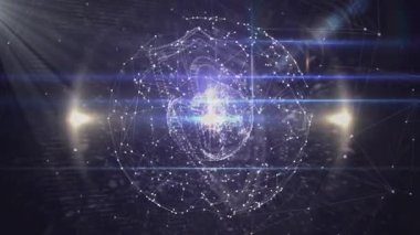 Işık saçan çizgilerle örgü küreye bağlanan sürüklenen düğümler güvenliği görselleştiriyor. Fütüristik, teknolojik, soyut, ağ, dijital, aydınlatma, yenilik