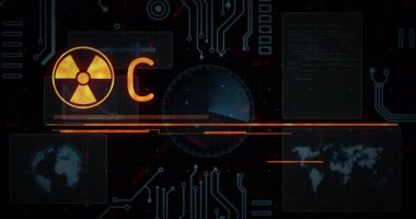 Karanlık şebeke radyasyon tehlikesini başlatıyor, HUD canlandırma ve uyarı acilen harekete geçilmesini gerektiriyor. Teknoloji, siber güvenlik, alarm, fütüristik, arayüz, dijital, acil durum