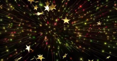 Işık kümesi beliriyor, çizgiler geriliyor, altın yıldızlar kozmik patlama etkisi için dışarıya doğru fırlatılıyor. Galaksi, soyut, kozmik, hareket, parlak, geleceksel, enerji