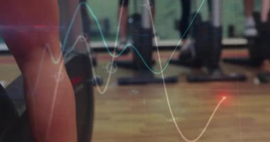 Line-graph overlay appearing pulsing as exerciser rocking heels on stepper tracking cardio motion. Fitness, cardiovascular, motion, endurance, wellness, training, balance