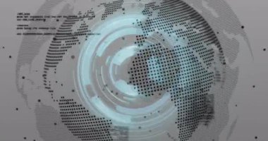 İlk nokta haritası, veri akışını görselleştirmek için noktalı dünya etrafında titreşen cyan halkaları başlatıyor. Küresel, veri görselleştirme, dijital arayüz, teknolojik, geleceksel, ağ, bilgi akışı