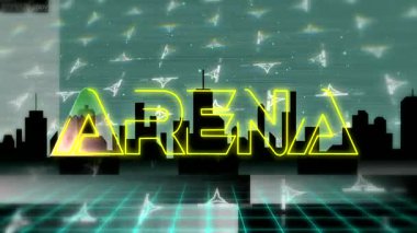 Neon ARENA logosu başlangıçta arenada Cyan ızgarası, ufuk çizgisi, açığa çıkarılacak parçalar ile canlandırılıyor. Fütürist, dijital, neon, siber punk, teknoloji, animasyon, grafik