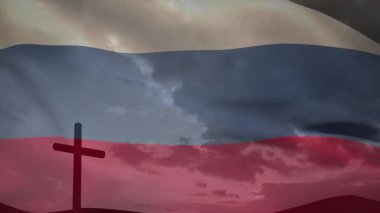 Rüzgar, şafak vakti tepenin siluetinde dalgalanan ve dalgalanan beyaz-mavi-kırmızı bir bayrak sallıyor. Vatanseverlik, sembolizm, hareket, manzara, atmosfer, dramatik, minimalist