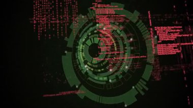 Başlangıçta yeşil arayüz halkaları geri çekilip dönerken kırmızı kod verileri gösteriyor. Teknoloji, siber güvenlik, veri görselleştirme, fütüristik, dijital arayüz, sibernetik, hareket grafikleri