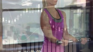 Spor salonunda dambılları kaldıran, kıvrımları ve baskıları değiştiren, finans şemasını canlandıran bir kadın. Zindelik, güç, sağlık, kararlılık, modern, aktif, azim