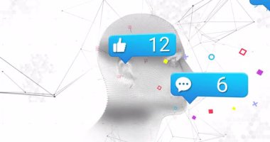 kablo kafa modeli rotasyona başlıyor, yüzen simgeler çarpışma ölçümlerini gösteriyor. Robot, dijital, fütüristik, analitik, yenilik, teknoloji, ağ