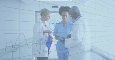 Tıbbi ekip hastane koridorunda toplanıyor, kaybolan grafiklere tepki veriyor ve canlı verileri yorumluyor. Sağlık, işbirliği, veri görselleştirme, profesyonellik, teşhis, analitik, tıbbi ekip çalışması