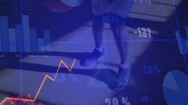 Basketball player dribbling ball on court, driving sports analytics charts and pulsing pie chart. Athletics, performance, data, visualization, strength, motion, competition