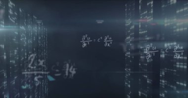 Floating wave equation hovering in data center, with fraction formula and lit server racks. Futuristic, technology, abstract, digital, data, science, innovation