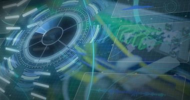 Rotating circular HUD element within virtual grid, with segmented rings and data panels, copy space. Futuristic, technology, interface, digital, virtual, data, cybersecurity