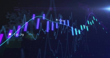 Displaying chart on data dashboard, highlighting purple and teal candlestick bars, neon trend line. Financial, analytics, modern, technology, digital, futuristic, investment