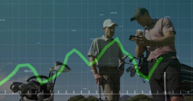 Holding phone and gripping club, two golfers standing on golf fairway, with golf bag, data overlay. Athletics, leisure, technology, outdoor, sport, collaboration, precision