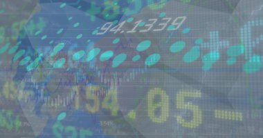 Showing financial data dashboard visualization at virtual interface, with candlesticks and 54.05. Financial, analytics, visualization, digital, gauge, interface, technology