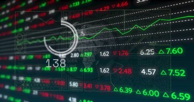Displaying trading dashboard showing market data on monitor, with circular gauge and line charts. Financial, analytics, data visualization, technology, futurism, digital, market
