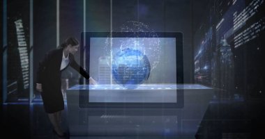 Interacting executive in suit operating touchscreen table at high-tech office, 3D globe, copy space. Futuristic, innovation, analytics, cyber, enterprise, sleek, digital